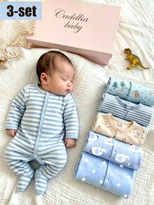 3pcs Newborn Long Sleeve Footie Fall Pajamas Set Blue And White Striped Light Blue Star Elephant Print Cute Kawaii Casual Boys Girls - Blue - View 2