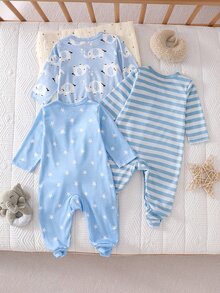 3pcs Newborn Long Sleeve Footie Fall Pajamas Set Blue And White Striped Light Blue Star Elephant Print Cute Kawaii Casual Boys Girls - Blue - View 3