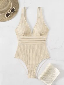 Swim Lushoire Solid Texture One-Piece Swimsuit For Beach Vacation,Summer Beach - Khaki - View 4