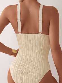 Swim Lushoire Solid Texture One-Piece Swimsuit For Beach Vacation,Summer Beach - Khaki - View 2