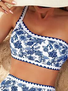 Swim Lushoire Colorblock Floral Print With Contrast Trim Bikini Set, Two Pieces Swimwear Bathing Suit Beach Outfit CLEAN FIT Summer Vacation,Summer Beach - Blue and White - View 4