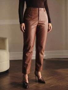 MOTF PREMIUM PLUS SIZE WOMEN'S AUTUMN/WINTER PU LEATHER SLIM FIT CROPPED PANTS - Rust Brown - View 3