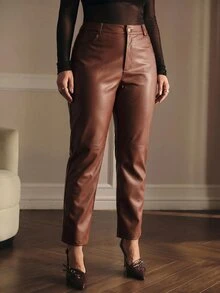 MOTF PREMIUM PLUS SIZE WOMEN'S AUTUMN/WINTER PU LEATHER SLIM FIT CROPPED PANTS - Rust Brown - View 6