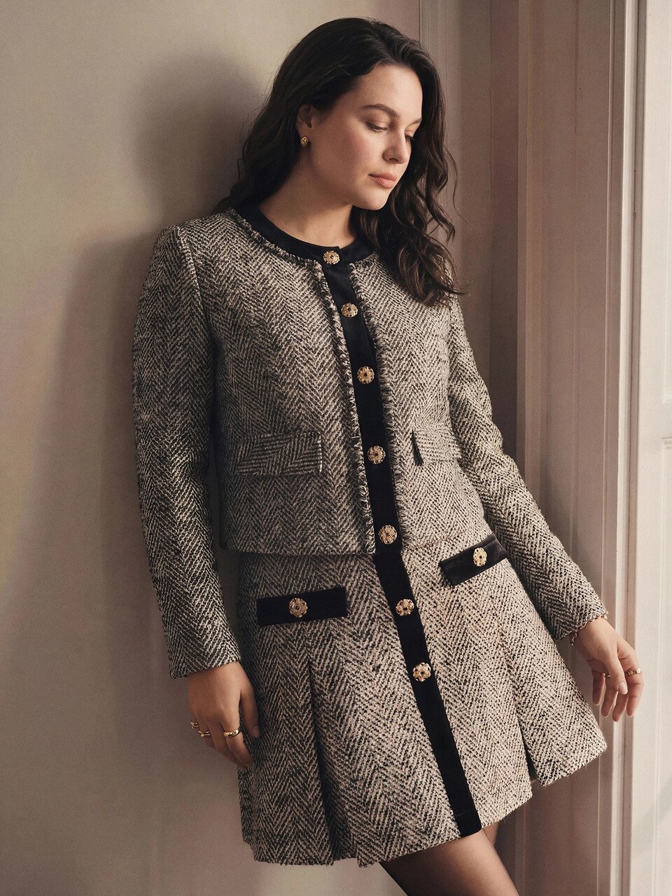 MOTF PLUS SIZE TWEED & VELVET PATCHWORK FOLD PLEATED SKIRT, AUTUMN/WINTER