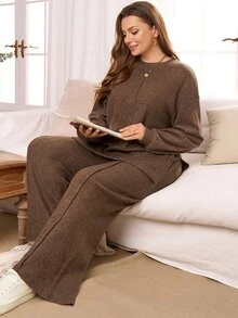 Rosumi 2 Pcs Set Plus Size Women's Fall/WinterCasual Co-Ords Keep Warm Solid Brown Drop Shoulder Sweatshirt And Loose Pants 2 Pieces Set With Pockets, Autumn - Brown - View 4