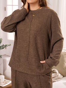 Rosumi 2 Pcs Set Plus Size Women's Fall/WinterCasual Co-Ords Keep Warm Solid Brown Drop Shoulder Sweatshirt And Loose Pants 2 Pieces Set With Pockets, Autumn - Brown - View 6