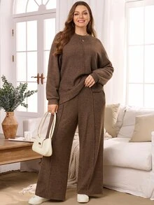 Rosumi 2 Pcs Set Plus Size Women's Fall/WinterCasual Co-Ords Keep Warm Solid Brown Drop Shoulder Sweatshirt And Loose Pants 2 Pieces Set With Pockets, Autumn - Brown - View 1