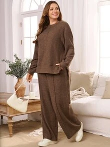 Rosumi 2 Pcs Set Plus Size Women's Fall/WinterCasual Co-Ords Keep Warm Solid Brown Drop Shoulder Sweatshirt And Loose Pants 2 Pieces Set With Pockets, Autumn - Brown - View 7
