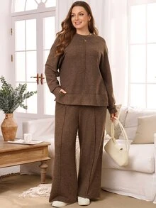 Rosumi 2 Pcs Set Plus Size Women's Fall/WinterCasual Co-Ords Keep Warm Solid Brown Drop Shoulder Sweatshirt And Loose Pants 2 Pieces Set With Pockets, Autumn - Brown - View 3