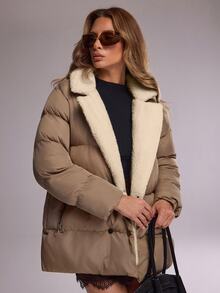 RueChic Women's Light Army Green Quilted Puffer Jacket Featuring A Plush White Faux-Fur Collar, - Army Green - View 6