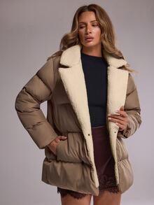 RueChic Women's Light Army Green Quilted Puffer Jacket Featuring A Plush White Faux-Fur Collar, - Army Green - View 4