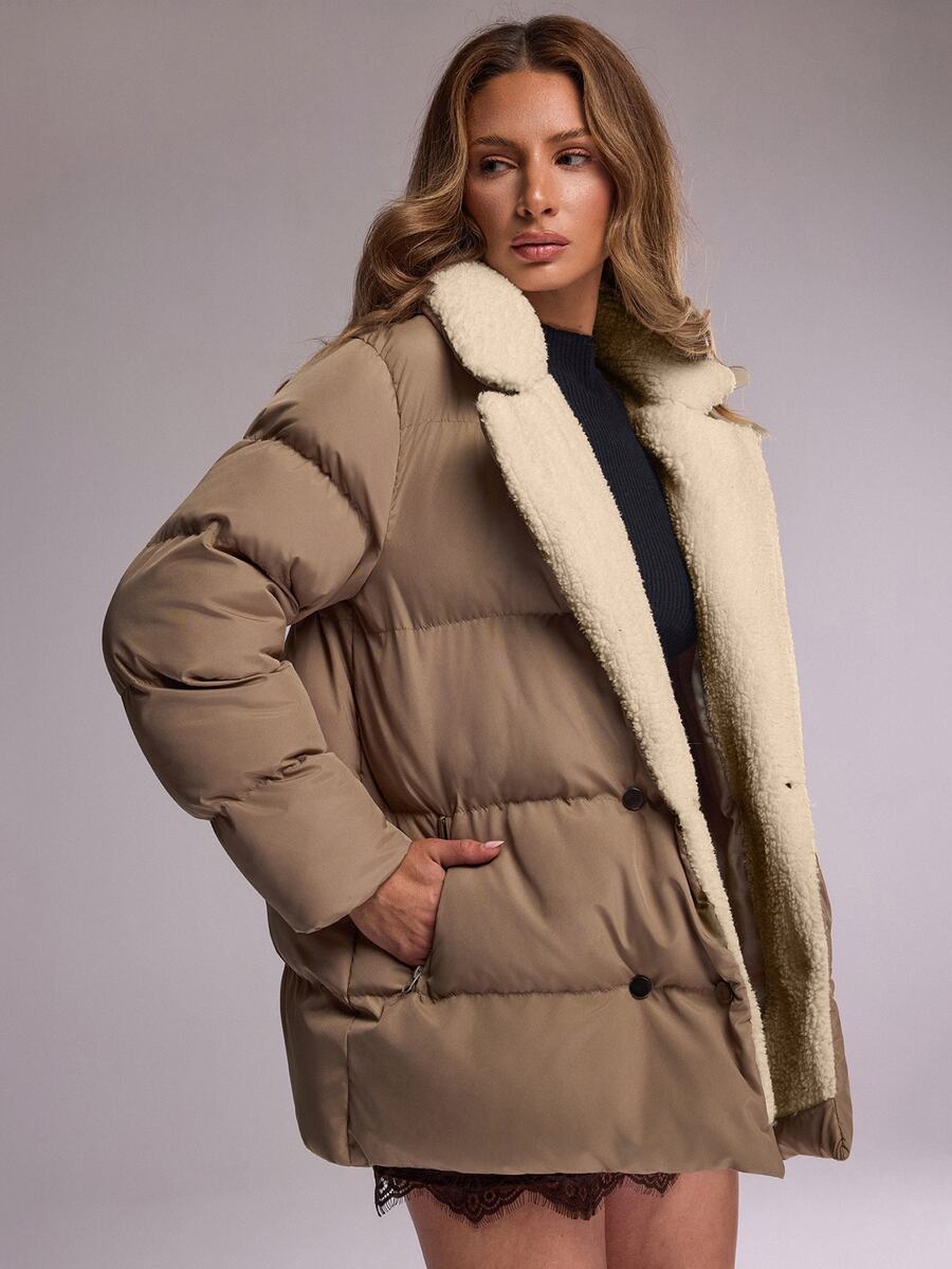 RueChic Women's Light Army Green Quilted Puffer Jacket Featuring A Plush White Faux-Fur Collar,