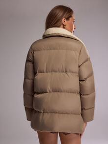 RueChic Women's Light Army Green Quilted Puffer Jacket Featuring A Plush White Faux-Fur Collar, - Army Green - View 8