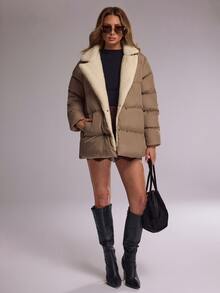 RueChic Women's Light Army Green Quilted Puffer Jacket Featuring A Plush White Faux-Fur Collar, - Army Green - View 5