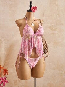 Bellisia 26SS Spring/Summer Pink Floral Spaghetti Strap Mesh Flowy Tank Top & Bikini Bottom 2 Pieces Set - Pink - View 4