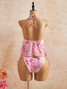 Bellisia 26SS Spring/Summer Pink Floral Spaghetti Strap Mesh Flowy Tank Top & Bikini Bottom 2 Pieces Set - Pink - View 2