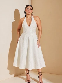 SHEIN BAE CURVE 女款大尺碼優雅束腰全白夏季婚禮雞尾酒正式晚宴禮服，提花露背掛脖V領無袖設計 - 白色 - 查看 4