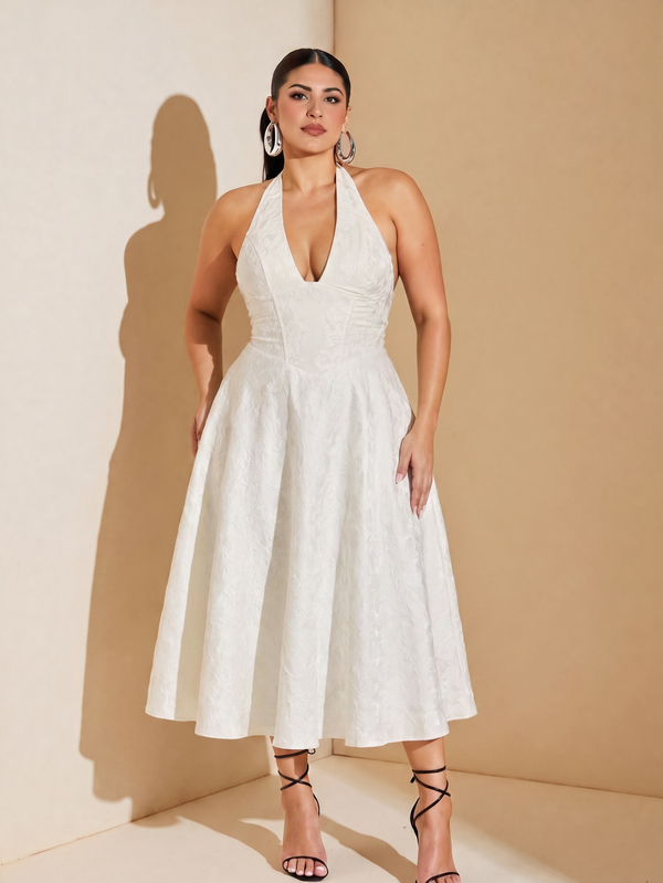 SHEIN BAE CURVE Vestido de fiesta de noche para invitada de boda de verano elegante y casual para mujer talla grande, blanco con estampado integral, jacquard, espalda descubierta, cuello halter en V, sin mangas