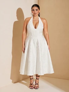 SHEIN BAE CURVE 女款大尺碼優雅束腰全白夏季婚禮雞尾酒正式晚宴禮服，提花露背掛脖V領無袖設計 - 白色 - 查看 7