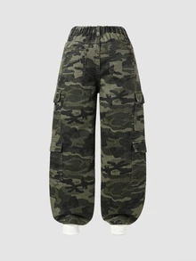 SHEIN Explorewe Y2K Style Multi-Pocket Casual Drawstring Waist Camouflage Print Cargo Jeans For Teenage Girls, Suitable For School, Campus, University Wear - Army Green - View 2