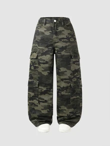 SHEIN Explorewe Y2K Style Multi-Pocket Casual Drawstring Waist Camouflage Print Cargo Jeans For Teenage Girls, Suitable For School, Campus, University Wear - Army Green - View 8