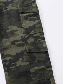 SHEIN Explorewe Y2K Style Multi-Pocket Casual Drawstring Waist Camouflage Print Cargo Jeans For Teenage Girls, Suitable For School, Campus, University Wear - Army Green - View 4
