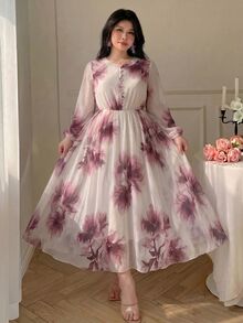 Modelyn 春夏秋溫柔圓領鈕扣收腰燈籠袖寬鬆顯瘦時尚百搭約會女款洋裝 - 彩色 - 查看 6