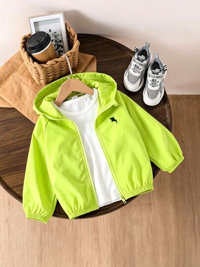 SHEIN Genkimix Kids 1pc Young Boy Casual Minimalist Street Hooded Long Sleeve Jacket, Fashionable Casual Design, Suitable For Summer Wear, Suitable For 4-7 Years Old Boys Daily Wear, Suitable For Sports, Outings, School And Back To School Season