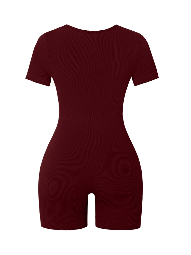 SHEIN Sports Seamless Ribbed High Elasticity Yoga Jumpsuit Gym Burgundy Red Summer Sporty - Burgundy - View 5