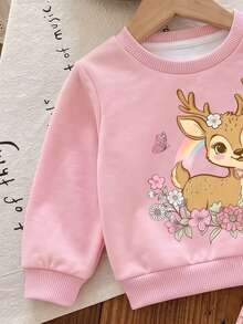 Newborn Baby Cartoon Pattern Round Neck Long Sleeve Top And Pants Casual Daily Outfit Set - Pink - View 6