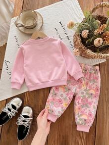 Newborn Baby Cartoon Pattern Round Neck Long Sleeve Top And Pants Casual Daily Outfit Set - Pink - View 2