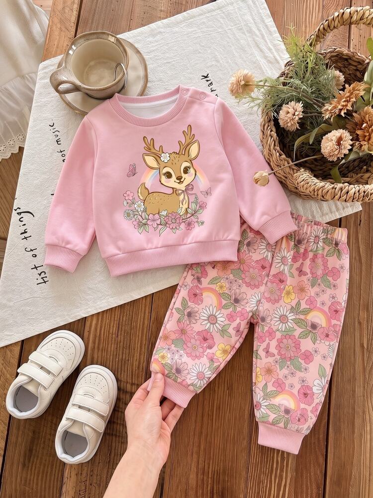 Newborn Baby Cartoon Pattern Round Neck Long Sleeve Top And Pants Casual Daily Outfit Set - Pink - View 5
