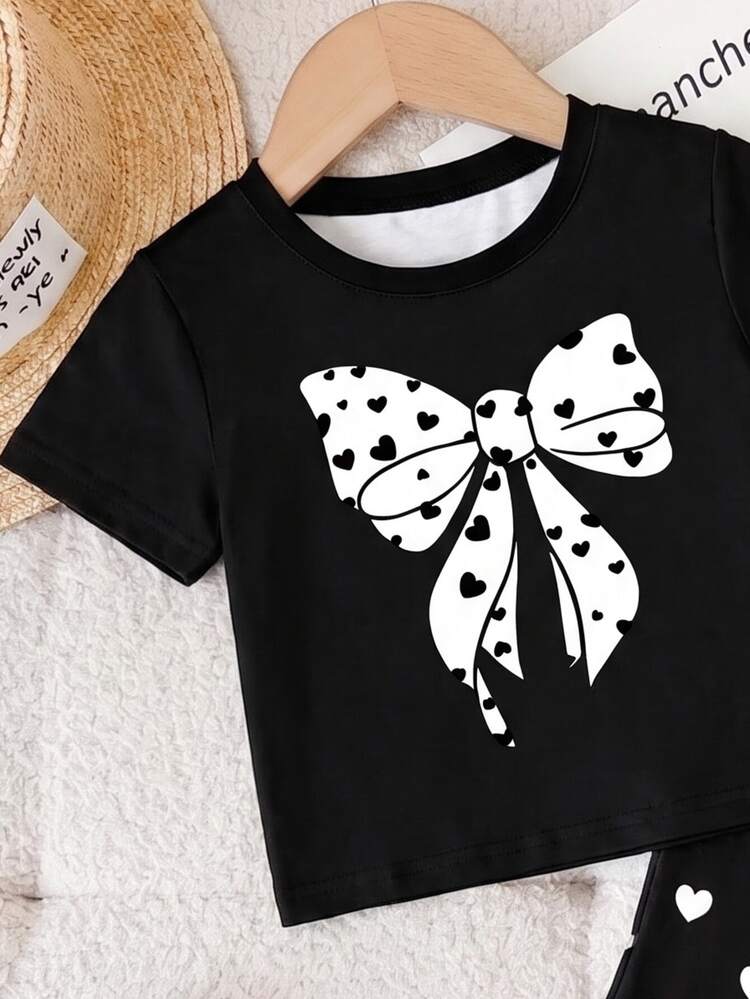 Baby Girl Casual Cute Minimalist Short Sleeve Round Neck T-Shirt Flared Long Pants Set, Suitable For Spring/Summer, Cartoon Pattern Black And White - Multicolor - View 6