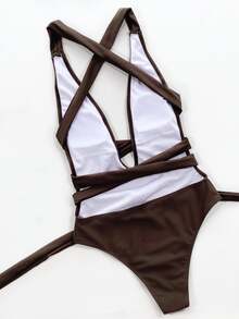 SHEIN Swim 女性交叉綁帶深v領高腰單品泳衣 - 咖啡棕 - 查看 2