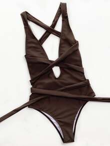 SHEIN Swim 女性交叉綁帶深v領高腰單品泳衣 - 咖啡棕 - 查看 4