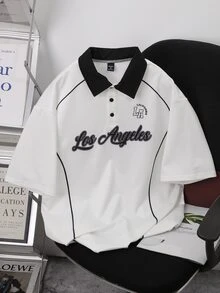 Manfinity Hypemode 男士字母印花短袖 Polo 衫，對比色翻領鈕扣休閒通勤夏季款，洛杉磯印花常春藤盟校學院風 - 彩色 - 查看 1