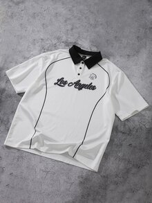Manfinity Hypemode 男士字母印花短袖 Polo 衫，對比色翻領鈕扣休閒通勤夏季款，洛杉磯印花常春藤盟校學院風 - 彩色 - 查看 3