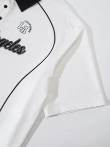 Manfinity Hypemode 男士字母印花短袖 Polo 衫，對比色翻領鈕扣休閒通勤夏季款，洛杉磯印花常春藤盟校學院風 - 彩色 - 查看 5
