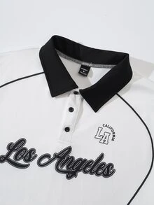 Manfinity Hypemode 男士字母印花短袖 Polo 衫，對比色翻領鈕扣休閒通勤夏季款，洛杉磯印花常春藤盟校學院風 - 彩色 - 查看 6