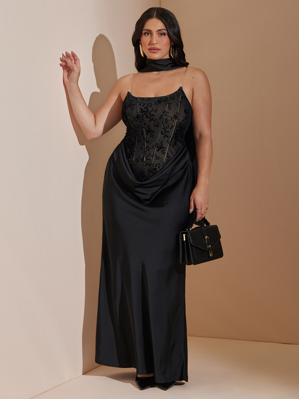 SHEIN BAE CURVE Lus Size Women's Black Elegant Formal Dress,Solid Color Fitted Mesh & Satin Social Gown,Wedding Guest ,Birthday, Autumn/Winter, Halloween Dress,
