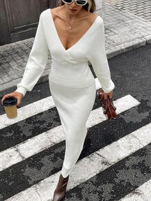 Strévra Women's 2pcs Set: White Crew Neck Long Sleeve Knit Sweater And High Waist Slim Fit Ribbed Knit Pants For Winter - White - View 4