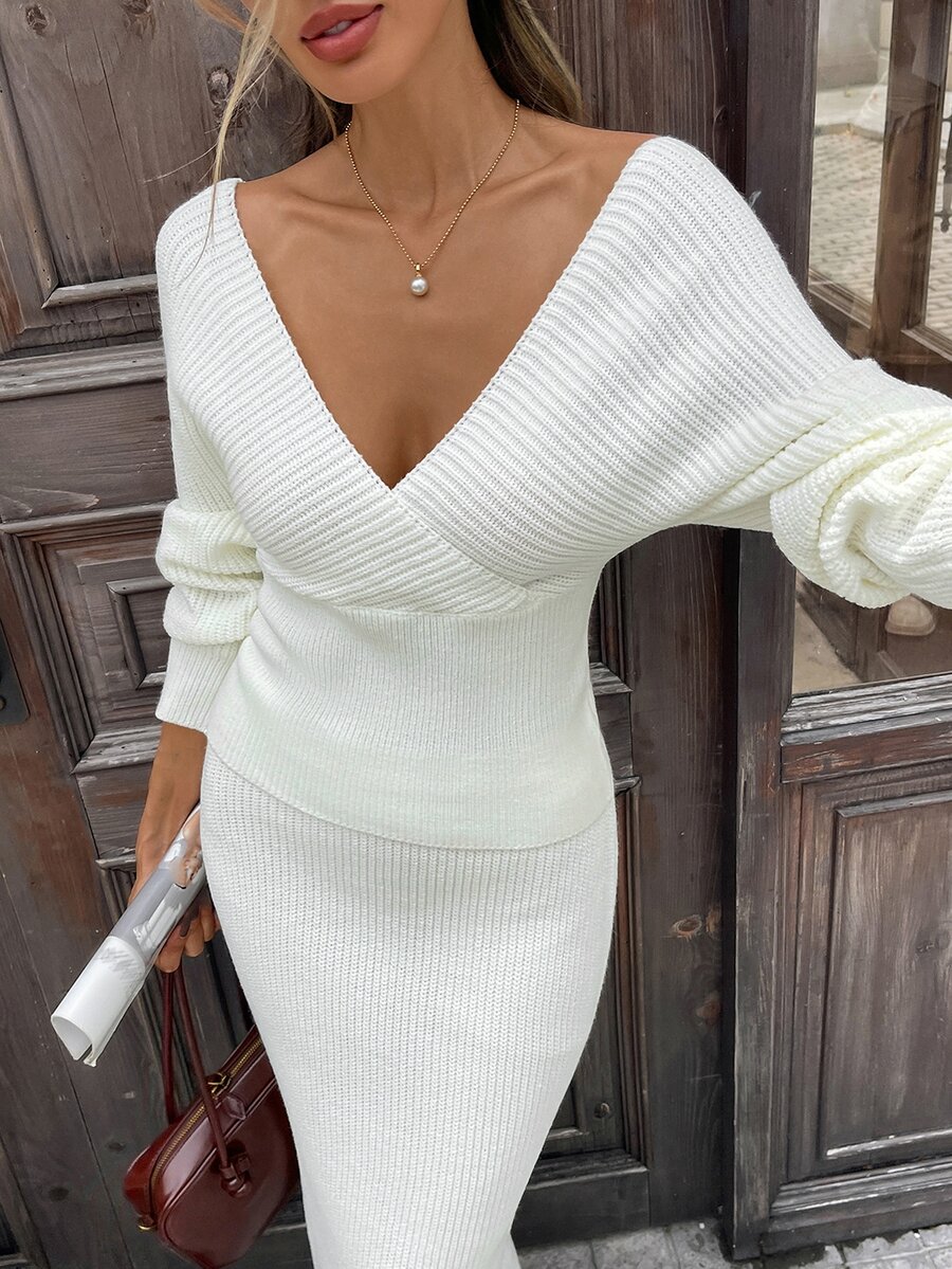 Strévra Women's 2pcs Set: White Crew Neck Long Sleeve Knit Sweater And High Waist Slim Fit Ribbed Knit Pants For Winter - White - View 1