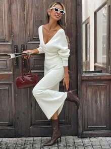 Strévra Women's 2pcs Set: White Crew Neck Long Sleeve Knit Sweater And High Waist Slim Fit Ribbed Knit Pants For Winter - White - View 5