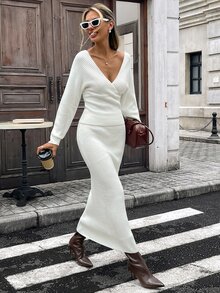 Strévra Women's 2pcs Set: White Crew Neck Long Sleeve Knit Sweater And High Waist Slim Fit Ribbed Knit Pants For Winter - White - View 3