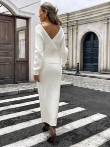 Strévra Women's 2pcs Set: White Crew Neck Long Sleeve Knit Sweater And High Waist Slim Fit Ribbed Knit Pants For Winter - White - View 2