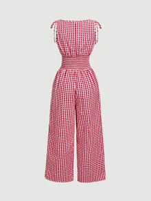 SHEIN MOD Women's Summer Casual Cottage Plaid Sleeveless Jumpsuit Oktoberfest Vacation Red And White Plaid.Halloween.Back To School. - Red and White - View 2