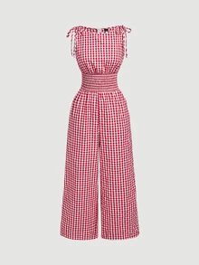 SHEIN MOD Women's Summer Casual Cottage Plaid Sleeveless Jumpsuit Oktoberfest Vacation Red And White Plaid.Halloween.Back To School. - Red and White - View 1
