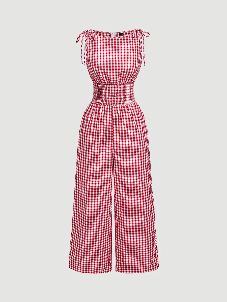 SHEIN MOD Women's Summer Casual Cottage Plaid Sleeveless Jumpsuit Oktoberfest Vacation Red And White Plaid.Halloween.Back To School. - Red and White - View 1