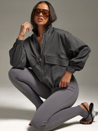 Denimoi Autumn Fashion Workwear Holiday Hiking Dark Grey Silhouette Pocket Flap Decor Stand Collar Cinched Waist Versatile Short Jacket For Women Streetwear