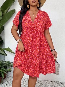 SHEIN LUNE Plus Size Ditsy Floral Short Casual Summer Vacation Dress Beach Vacation Pink - Multicolor - View 6